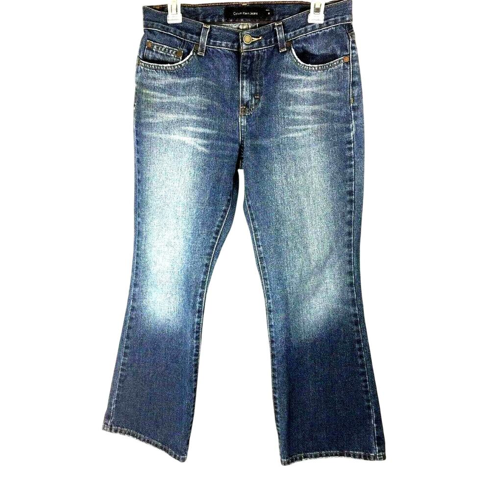 Calvin Klein Flare Jeans Womens Size 8 Medium‎ Wash Denim Distress Mid Rise